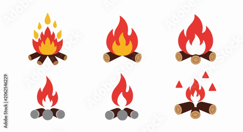 Six minimalist icons depicting campfires with varying log arrangements