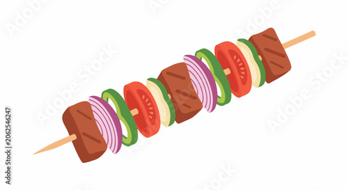 Sliced grilled meat, tomato, onion, and pepper on a wooden skewer