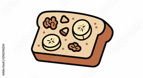 Slice of bread with peanut butter, bananas, and nuts