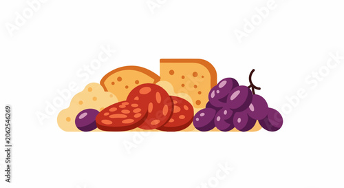 Sliced meats, cheese, olives, and grapes arranged attractively