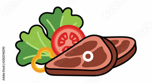Sliced raw steaks with fresh lettuce, tomato, and bell pepper