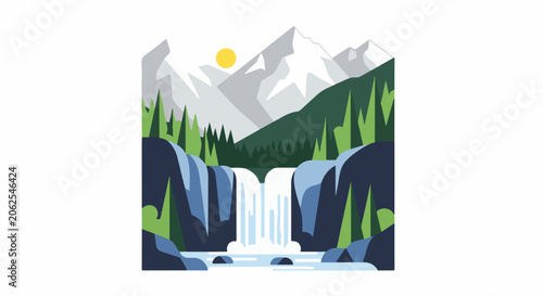 Snowy mountains, lush forest, and a cascading waterfall under a bright sun