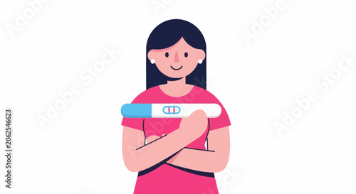 Smiling woman holds a positive pregnancy test kit