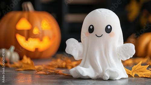 Cute White Ghost Figurine with Halloween Pumpkin
