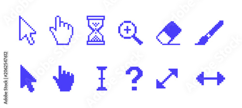pixel cursor icon set with retro outline and filled ui elements mouse pointer hand tool symbols vector collection