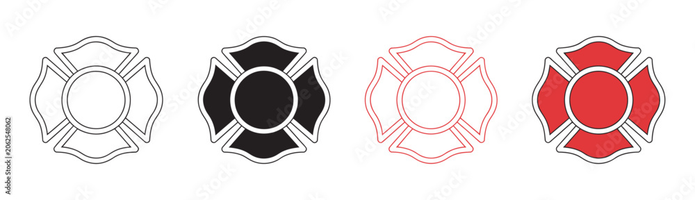 Fototapeta premium Firefighter emblem icon set, st florian maltese cross fire department badge symbol vector illustration