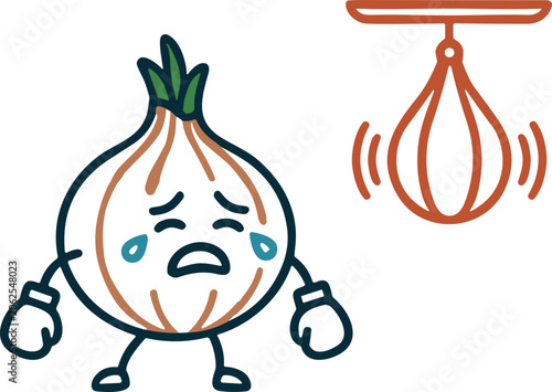 Bild auf Leinwand Crying Onion with Boxing Punching Bag - Healthy Food Concept