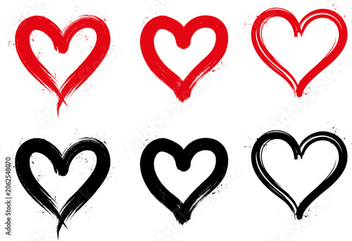 Black and Red distressed heart shapes. Grunge ink scribble design. Paint brush stroke isolated on white background. Splatter texture elements. Romantic Valentine day symbol. Vector illustration.