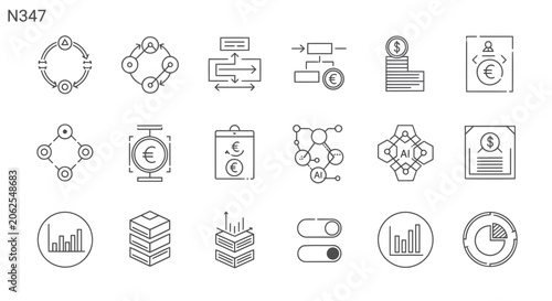 Set of finance and data analysis linear vector icons for business reports.