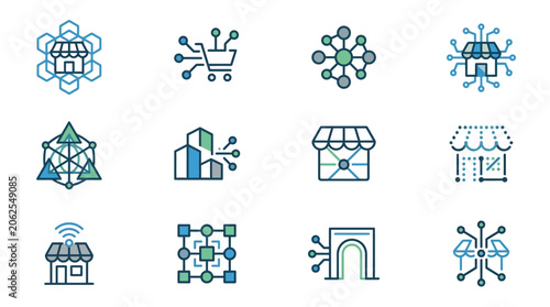 Technology icons for business and communication.