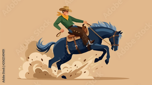 Flat Design Vector Illustration of a Cowboy Riding a Bucking Bronco, Kicking Up Dust in a Rodeo Arena, Dynamic Action Scene with Copy Space