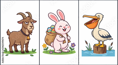Grumpy Goat with Bell, Easter Bunny with Eggs, and Pelican on Log, Flat Design Vector Illustrations