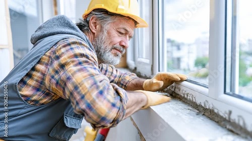 Window Installation in Progress: An experienced construction worker, wearing a yellow hard hat and work clothes, carefully installs a new window, focused on the task of sealing and fitting the frame.