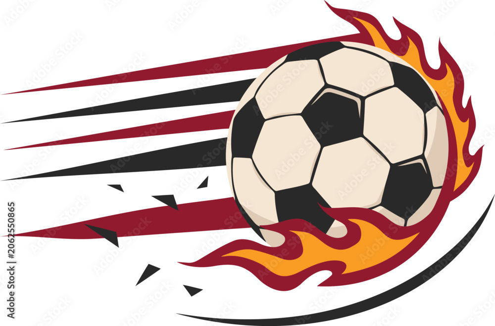 Fototapeta premium Soccer ball in motion with flames and speed streaks during a dynamic game for sports marketing