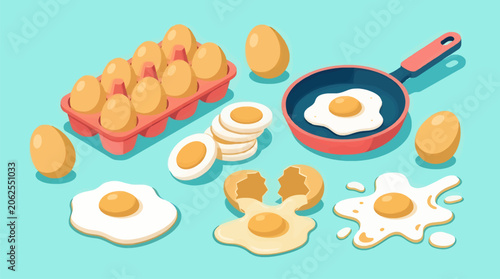 Foto Isometric Collection of Egg Illustrations, Featuring Whole Eggs, Fried Eggs in P