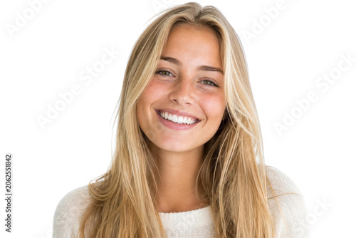 Beautiful Young Blonde Woman Smiling with Perfect White Teeth Isolated on White