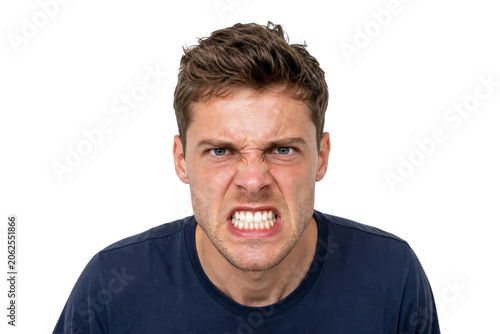 Angry Young Man Gritting Teeth in Aggressive Expression
