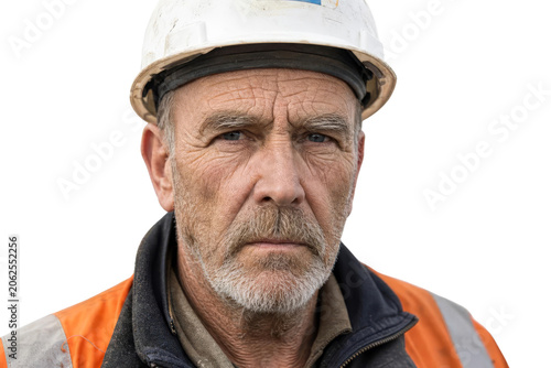 Portrait of Senior Construction Worker in Hard Hat and Safety Vest Isolated on White