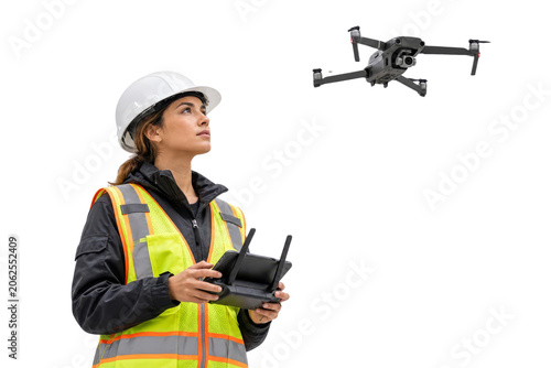 Professional Female Drone Pilot in Safety Vest and Hard Hat Operating Quadcopter Isolated on White