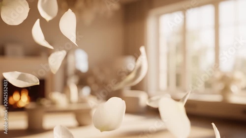 Soft white flower petals gently falling in a luxurious, sunlit living room