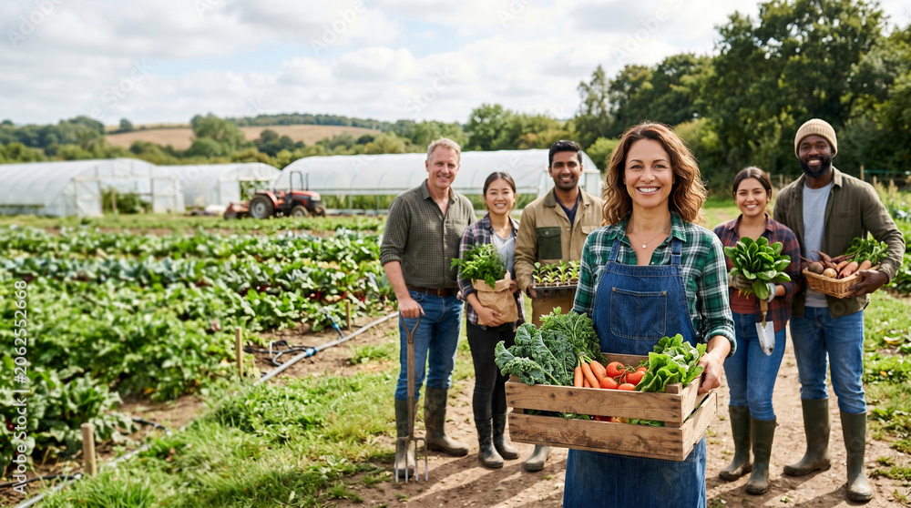 Obraz premium Diverse agricultural professionals standing together on organic farm, led by confident female farm manager holding fresh vegetables, with farmers and specialists in sustainable farming environment.