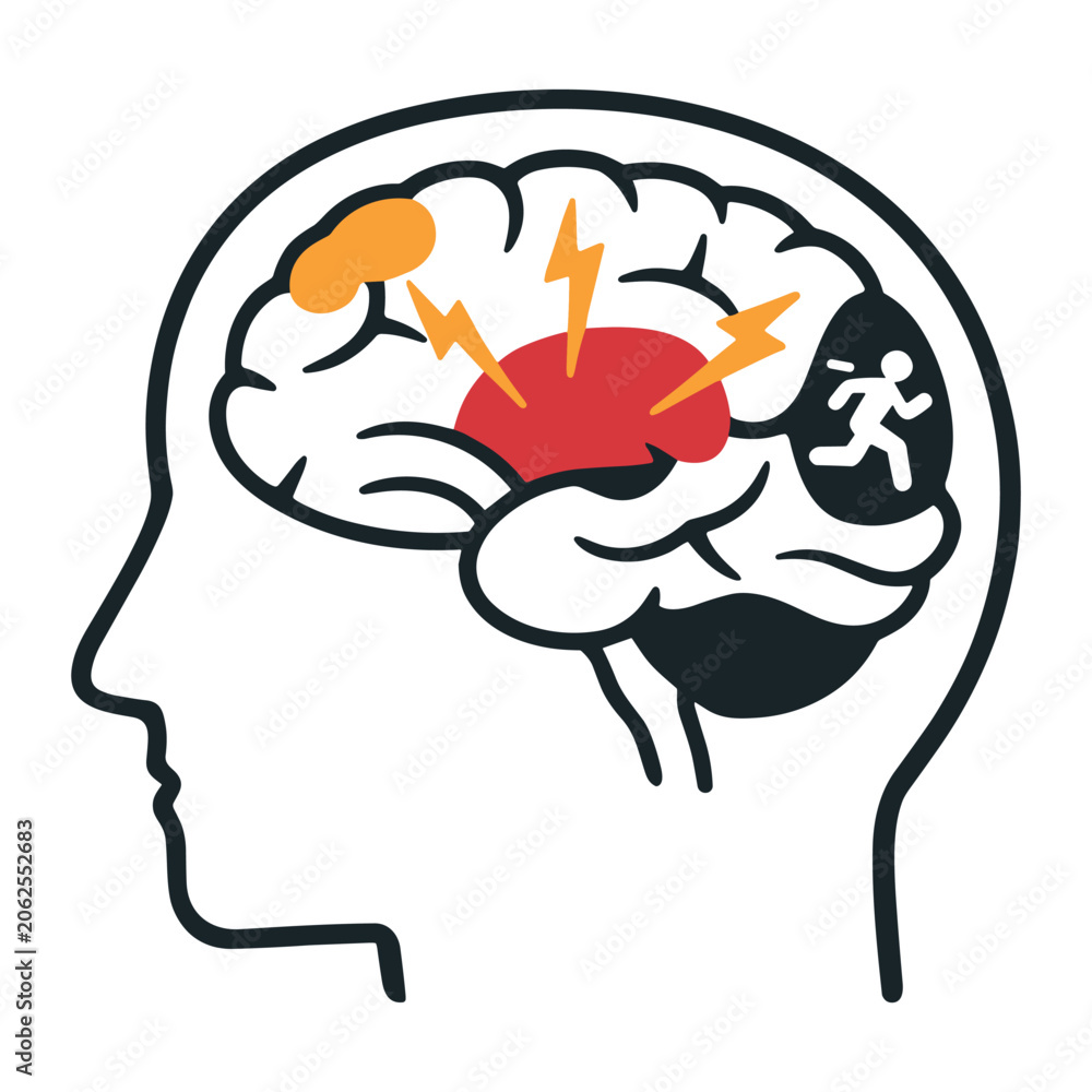 Obraz premium Flat Neurological Disorder and Brain Pain Icon with Head Silhouette, Migraine Attack, Neural Activity and Cognitive Function Concept
