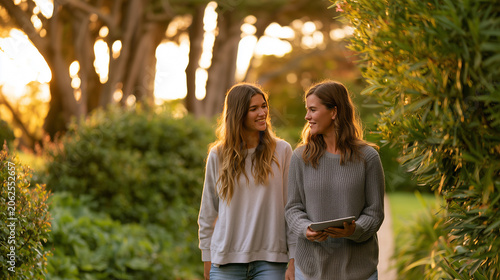Two young women walking and talking in a green park during golden hour with digital tablet