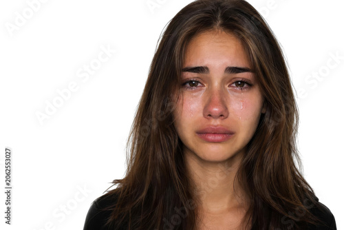 Sad Young Woman Crying with Tears on Face Isolated on White