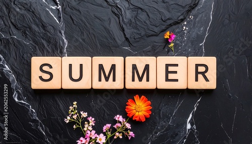 Wooden blocks spell SUMMER, with small flowers