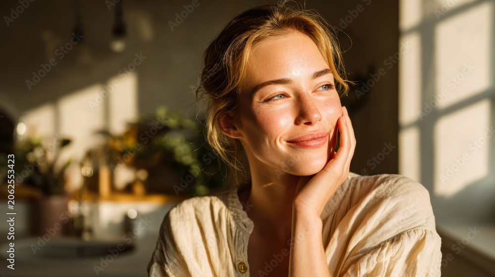Obraz premium Woman with a light smile sits by a window with warm light in a cozy room during the afternoon
