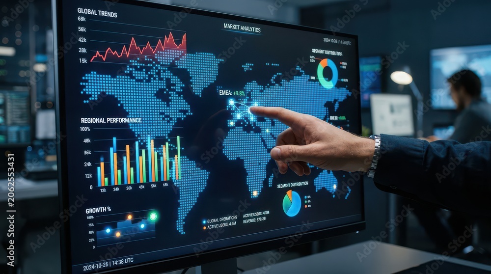 Fototapeta premium Business professional analyzing global market trends on a computer screen