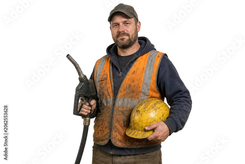 Industrial Worker or Gas Station Attendant Holding Fuel Nozzle and Hard Hat