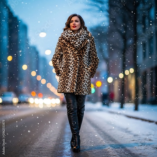 Woman in Leopard Coat Walking in Snowy City Street.