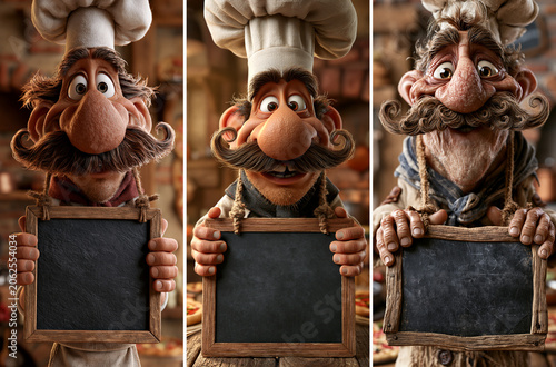A Friendly 3D Cartoon Chef with Mustache Holding a Blank Chalkboard for a Menu with Copy Space, Hanging on a Rope Around His Neck. For Restaurant Promo or a Template. Generative Ai.