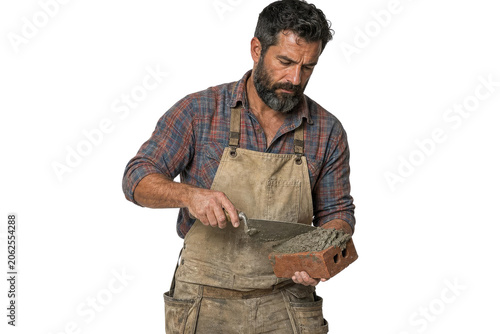 Mature Professional Mason Applying Mortar to Red Brick on White Background