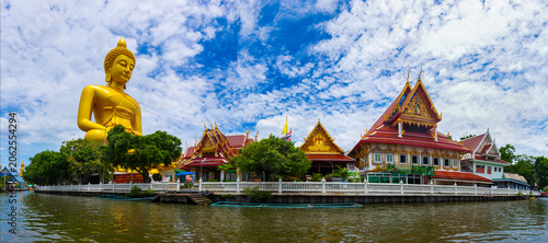 Panorama landscape of The large golden Buddha at Wat Pak Nam Phasi Charoen is the largest seated Buddha statue in Bangkok, Thailand It is a popular tourist destination and pilgrimage site and landmark