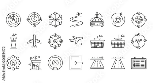 Fotografía Set of modern line art icons representing airport operations and air traffic control