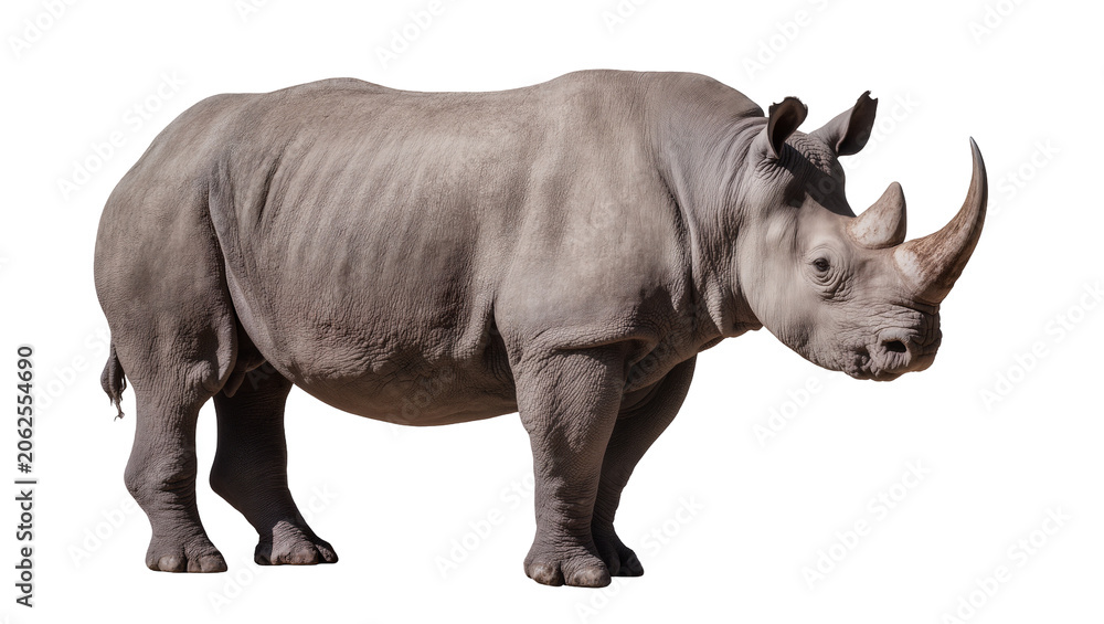 Fototapeta premium Gray rhinoceros with large horn standing profile view