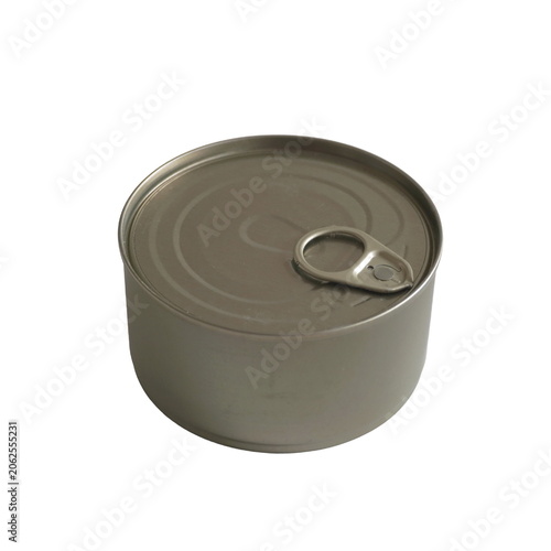 Blank metal tin can with pull ring lid isolated on white background. Unlabelled mockup container for tuna, meat or pet food packaging design. Emergency survival food ration storage concept.