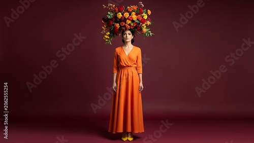 Woman in Orange Dress with Floral Headpiece.