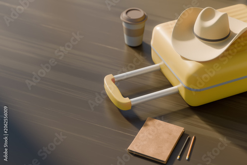 Travel concept with yellow suitcase, cowboy hat and notebook, top view.