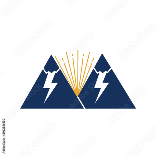 Geometric blue mountain peaks with gold lightning bolt symbols.