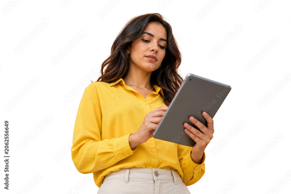 Fototapeta premium Professional Young Businesswoman Using Digital Tablet Isolated on Transparent Background