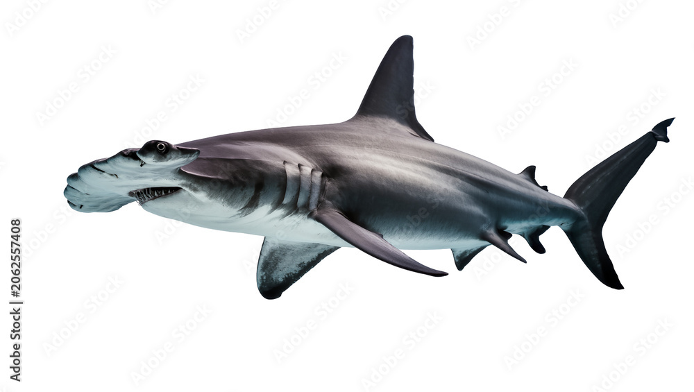 Obraz premium Hammerhead shark swimming distinctive head shape sharp teeth, grey skin