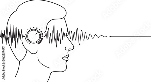 Fotografie Sound wave, audio signal, human head, line art, minimalist vector