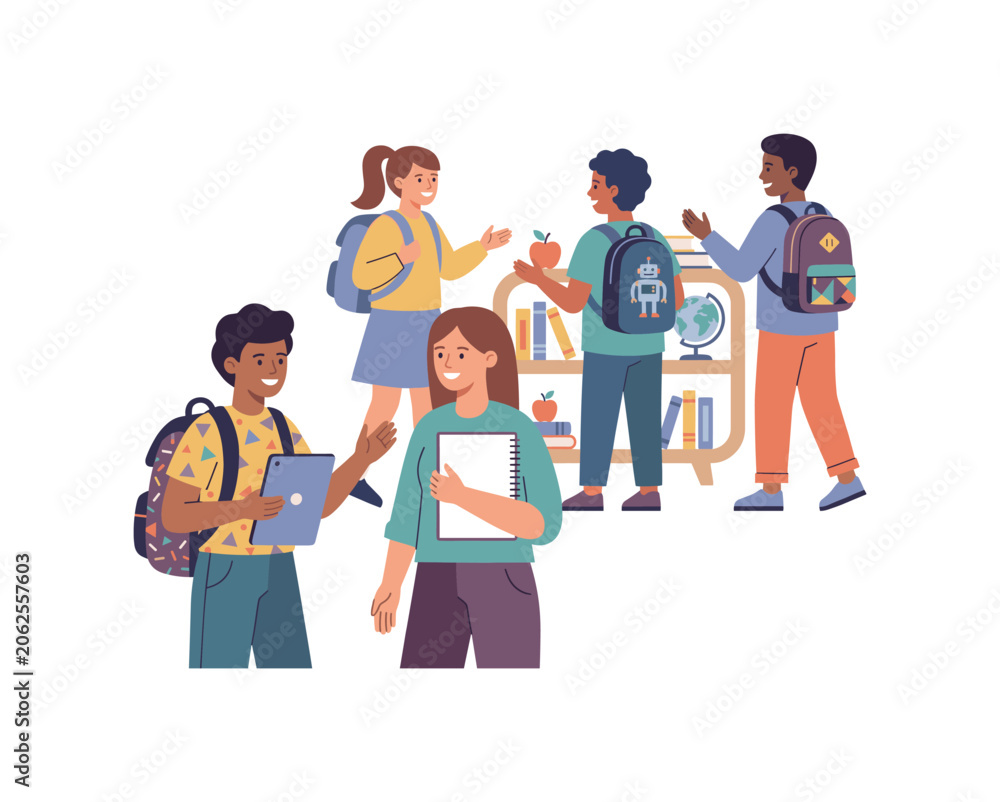 Fototapeta premium Diverse students, backpacks and books, smiling, learning, friendship, school Concept