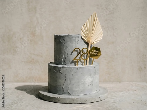Gray Concrete Cake with Gold Decorations and Palm Leaf on Table
