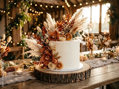 Wedding Cake with Pampas Grass Decorations on Wooden Table in Rustic Barn