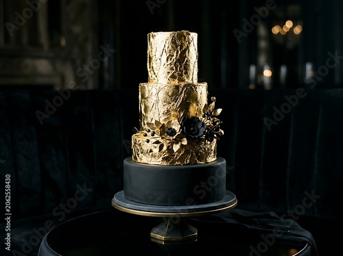 Gold Decorated Cake on Black Stand in Dark Room