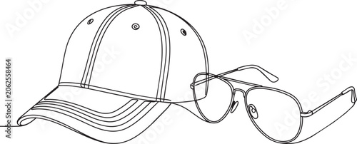 Vector illustration, baseball cap, sunglasses, line art, fashion accessories, minimalist style